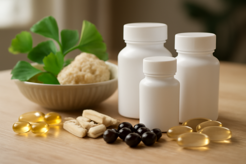 Bottles of supplements labeled for cognitive function support, including omega-3, ginkgo biloba, and nootropics, arranged on a wooden table.