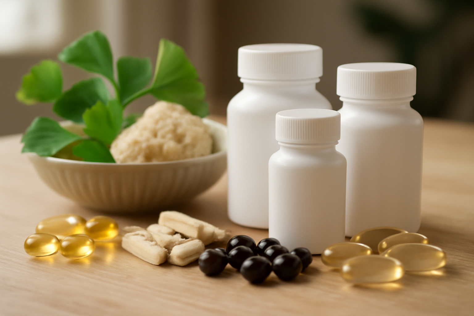Bottles of supplements labeled for cognitive function support, including omega-3, ginkgo biloba, and nootropics, arranged on a wooden table.