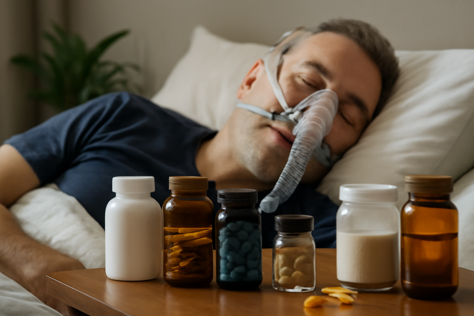 Man sleeping with CPAP mask and supplements on bedside table