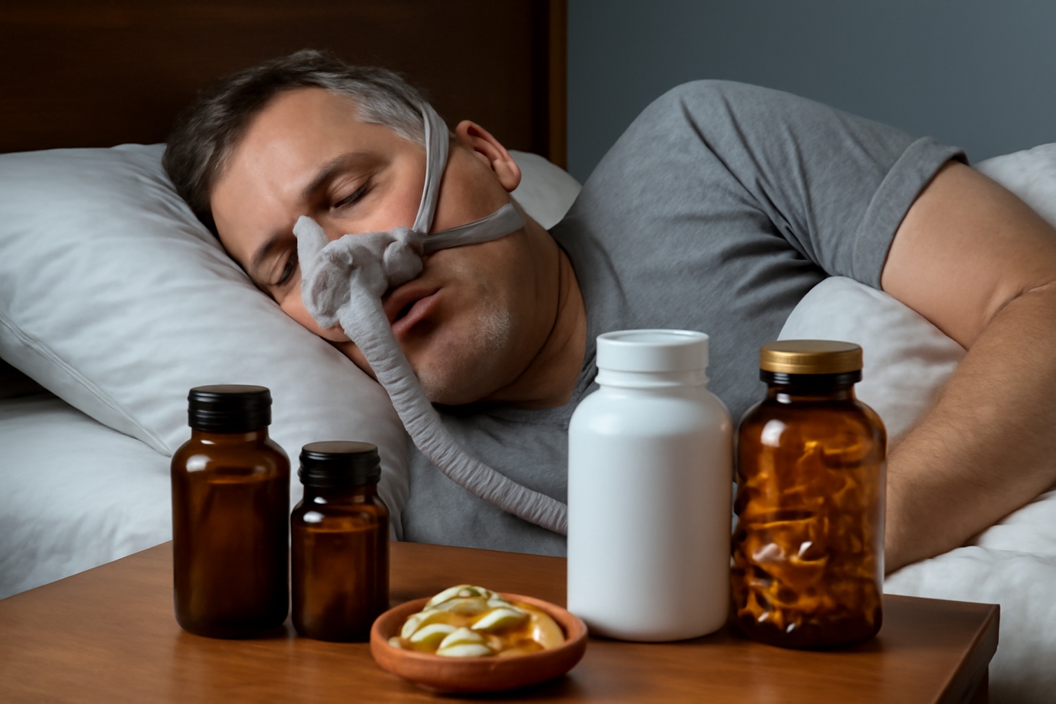 Man sleeping with CPAP mask and supplements on bedside table