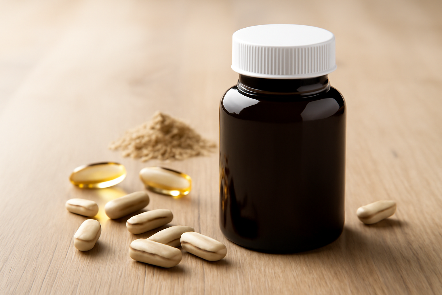 Bottles of supplements labeled for mental clarity and focus, featuring natural ingredients like ginkgo biloba and omega-3, arranged on a clean surface.