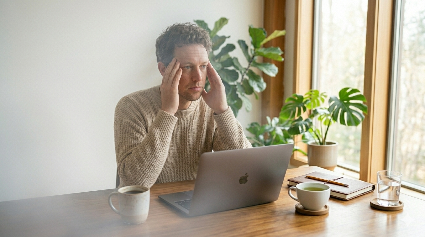 A person practicing mindfulness meditation and deep breathing exercises as therapy for brain fog, surrounded by calming indoor plants and soft natural light.