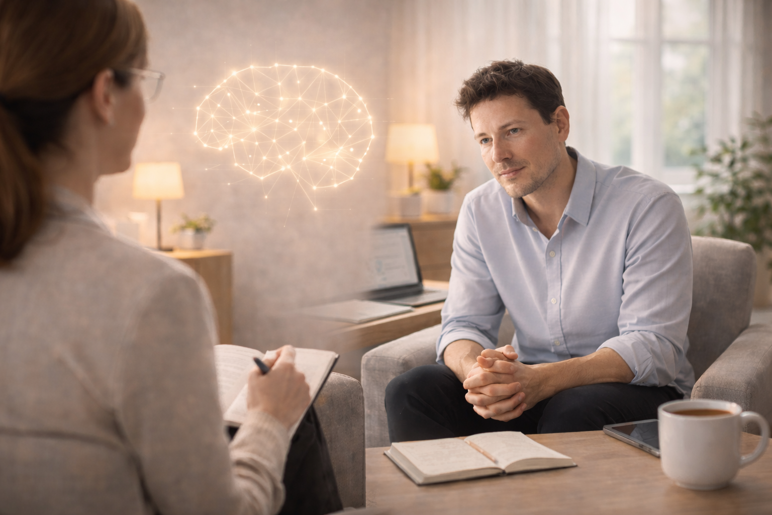 A therapist guides a client through cognitive exercises on a tablet, supporting therapy for improved memory, focus, and mental performance.