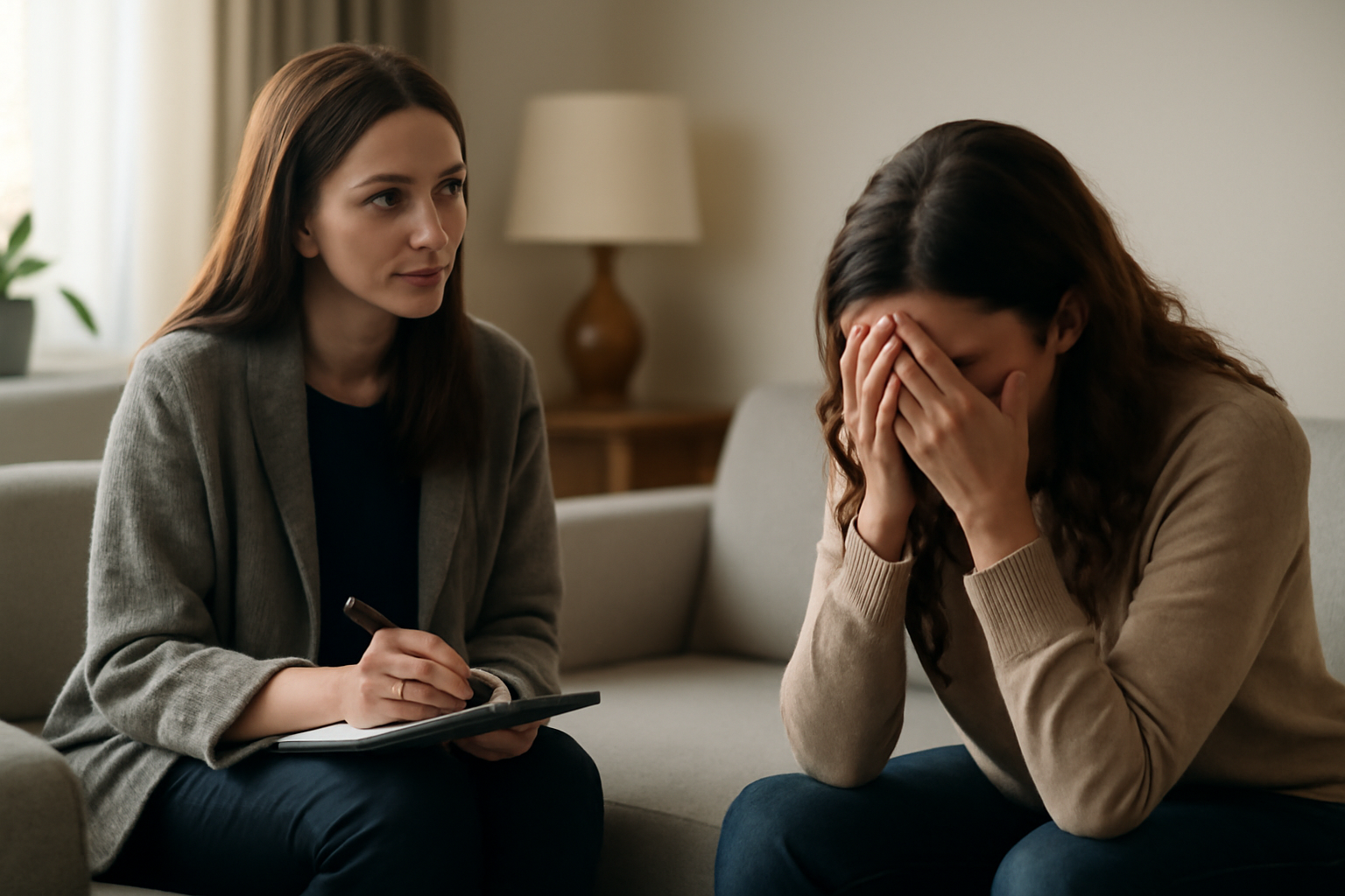 A therapist guides a client through mindfulness exercises to help manage emotional dysregulation during a counseling session in a calm, supportive setting.