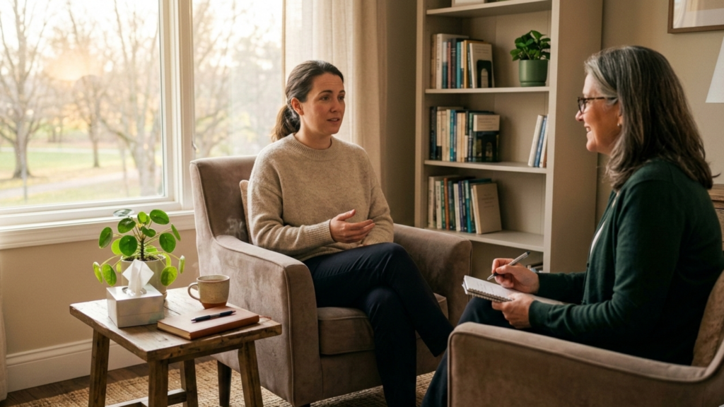 A therapist offers support and guidance to a client experiencing emotional exhaustion, helping them manage stress and restore emotional well-being.