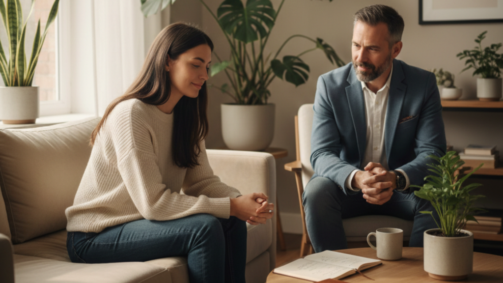 A therapist and client sit in a calm office, discussing strategies and coping techniques for managing and improving low mood through therapy.