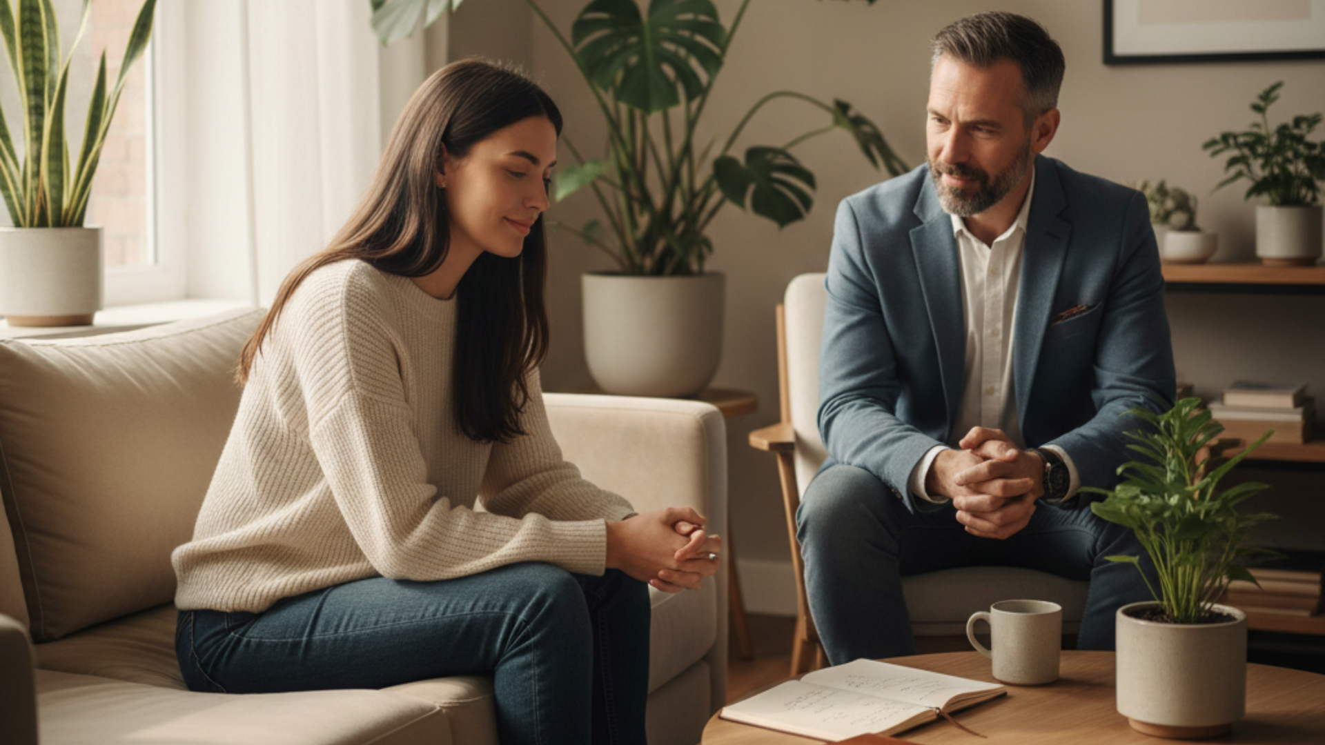A therapist and client sit in a calm office, discussing strategies and coping techniques for managing and improving low mood through therapy.
