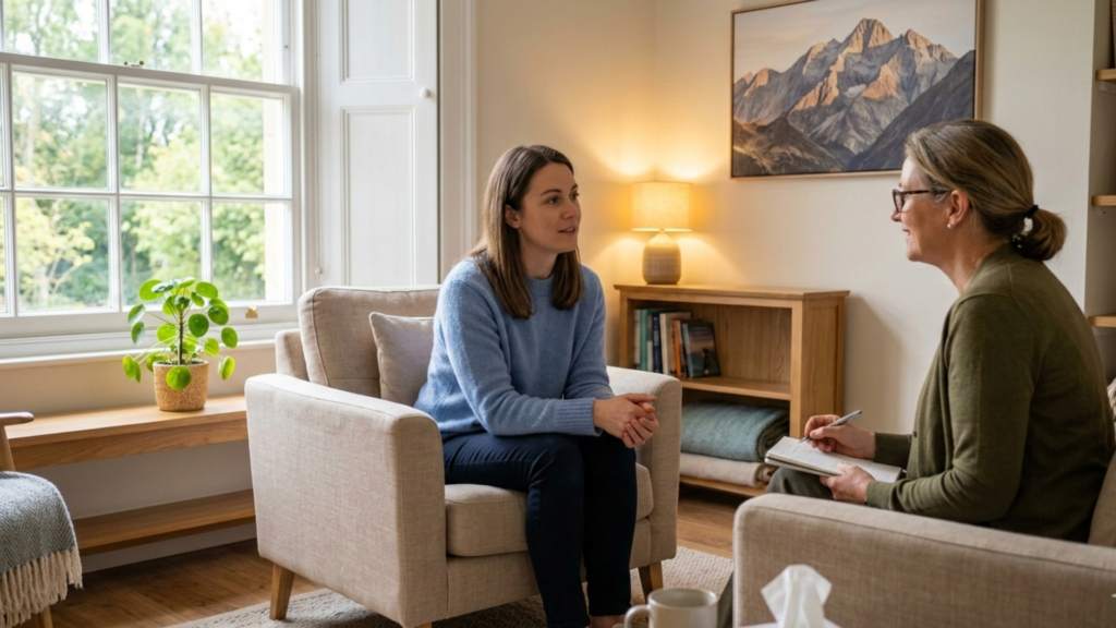 A therapist guides a client through mindfulness exercises, fostering mental resilience and coping strategies in a supportive counseling session.