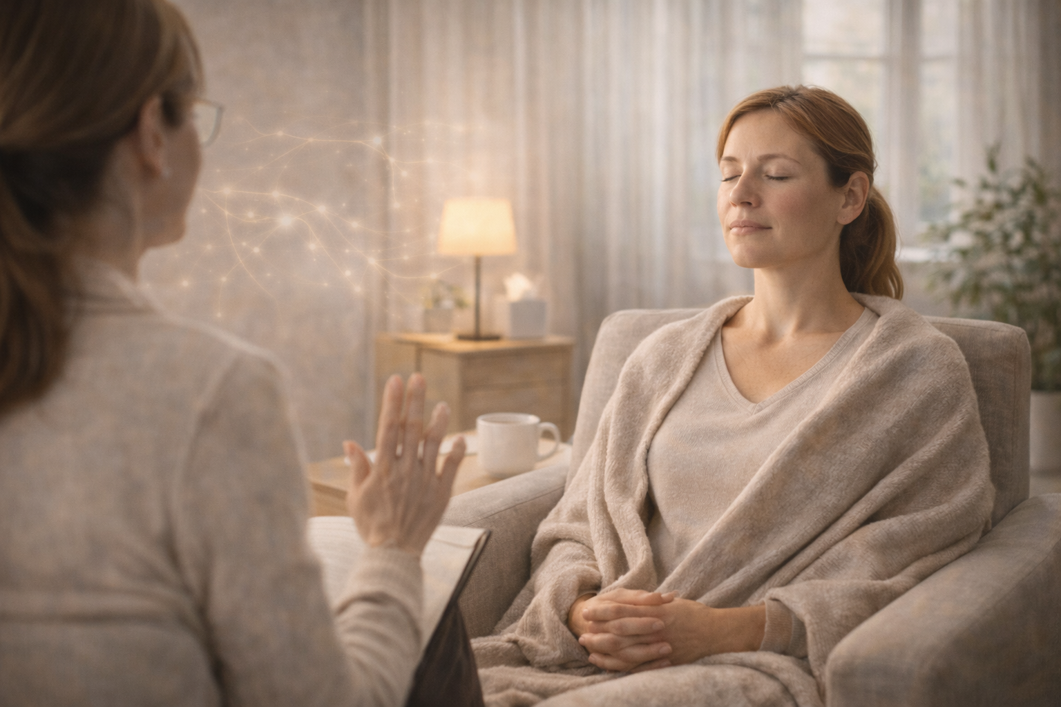 A therapist guides a patient through nerve stimulation therapy, using specialized equipment to support nervous system health and function.