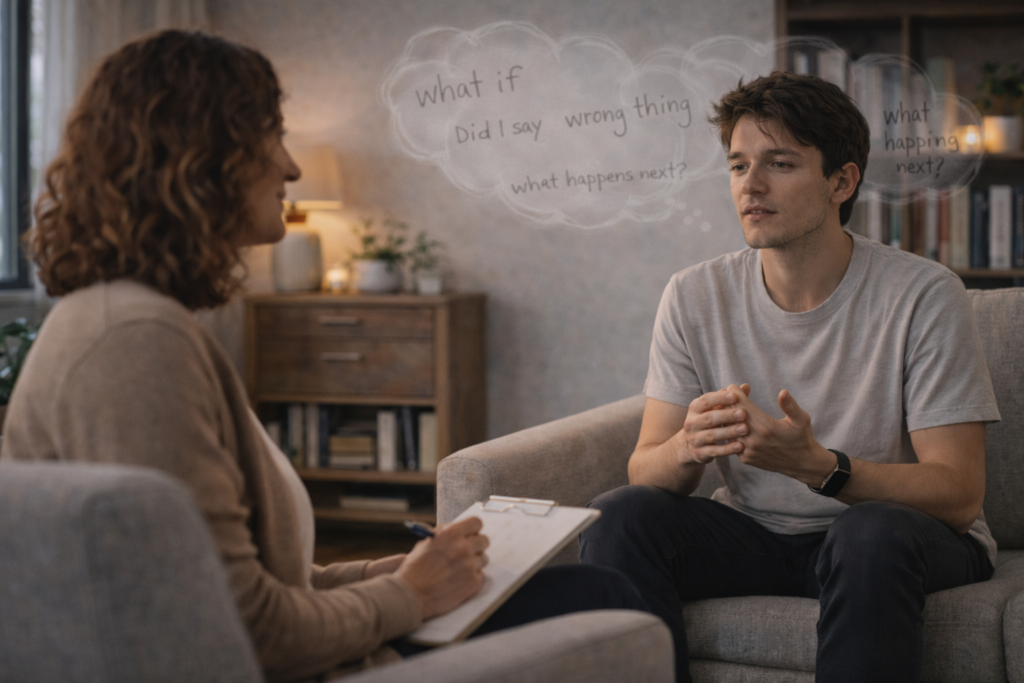 A therapist guides a client through mindfulness exercises in a calm office, illustrating therapy techniques designed to help manage and reduce overthinking.