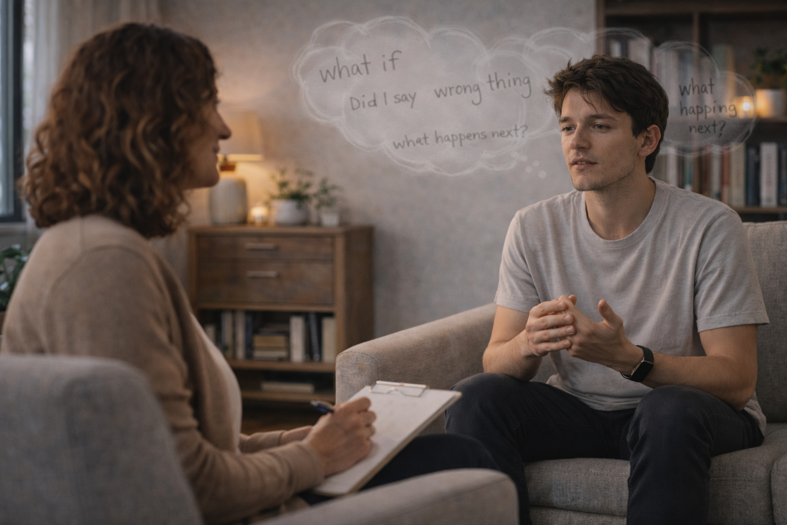 A therapist guides a client through mindfulness exercises in a calm office, illustrating therapy techniques designed to help manage and reduce overthinking.