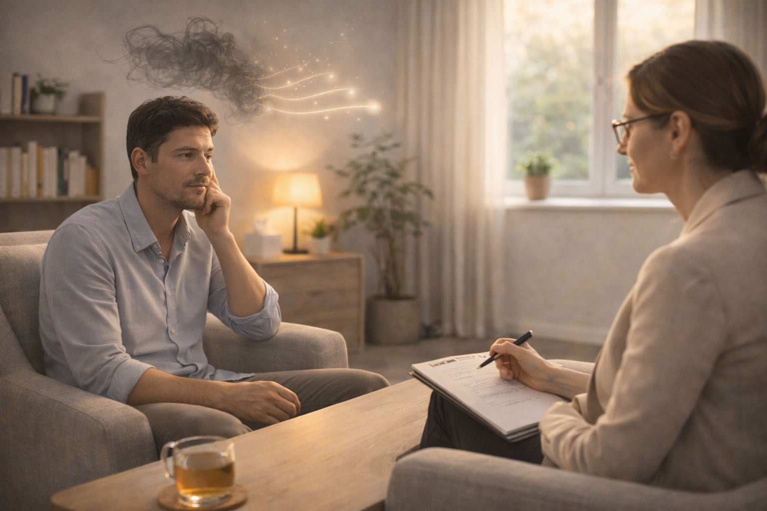 A person practices mindfulness therapy, sitting calmly with eyes closed, focusing on breathing to control and manage intrusive negative thoughts.