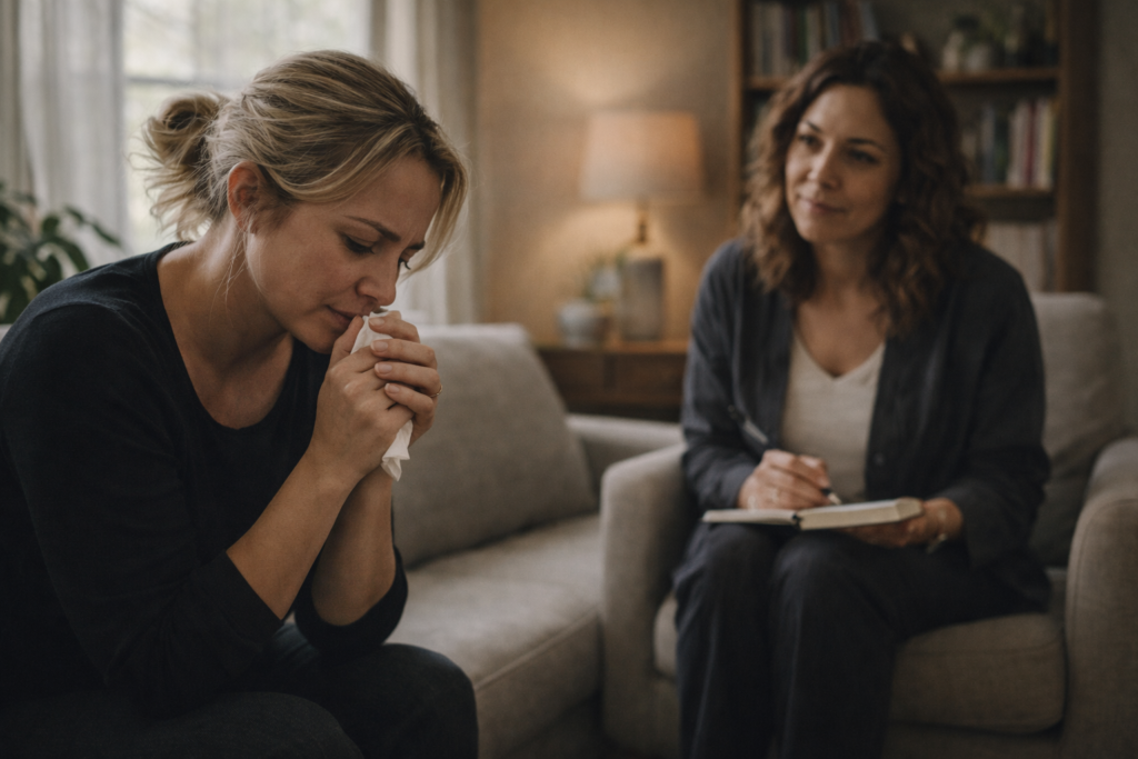 A therapist supports a grieving individual during a traumatic grief therapy session, focusing on emotional healing and coping strategies in a safe environment.
