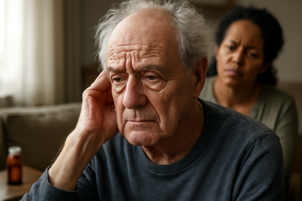 Elderly dementia patient sitting in a cozy living room, gently holding a caregiver’s hand, with memory aids and family photos visible in the background.