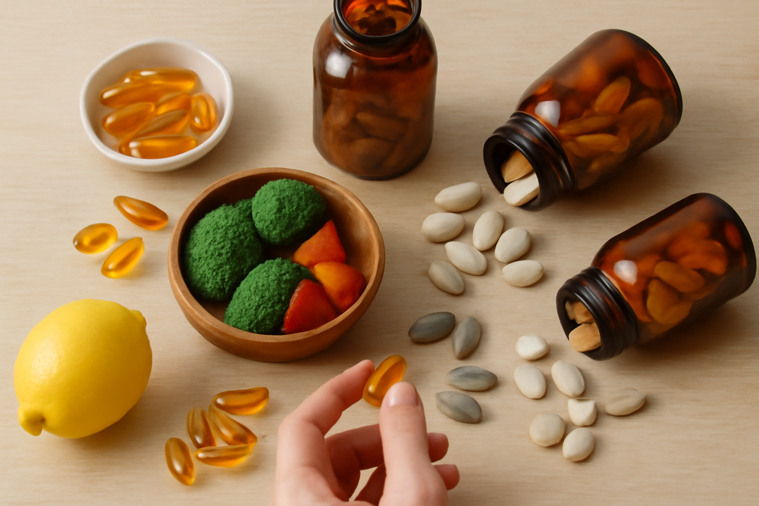 Bottles of top vitamins for energy and mental clarity, including B12, vitamin D, and magnesium, arranged on a table with fresh fruits and supplements.