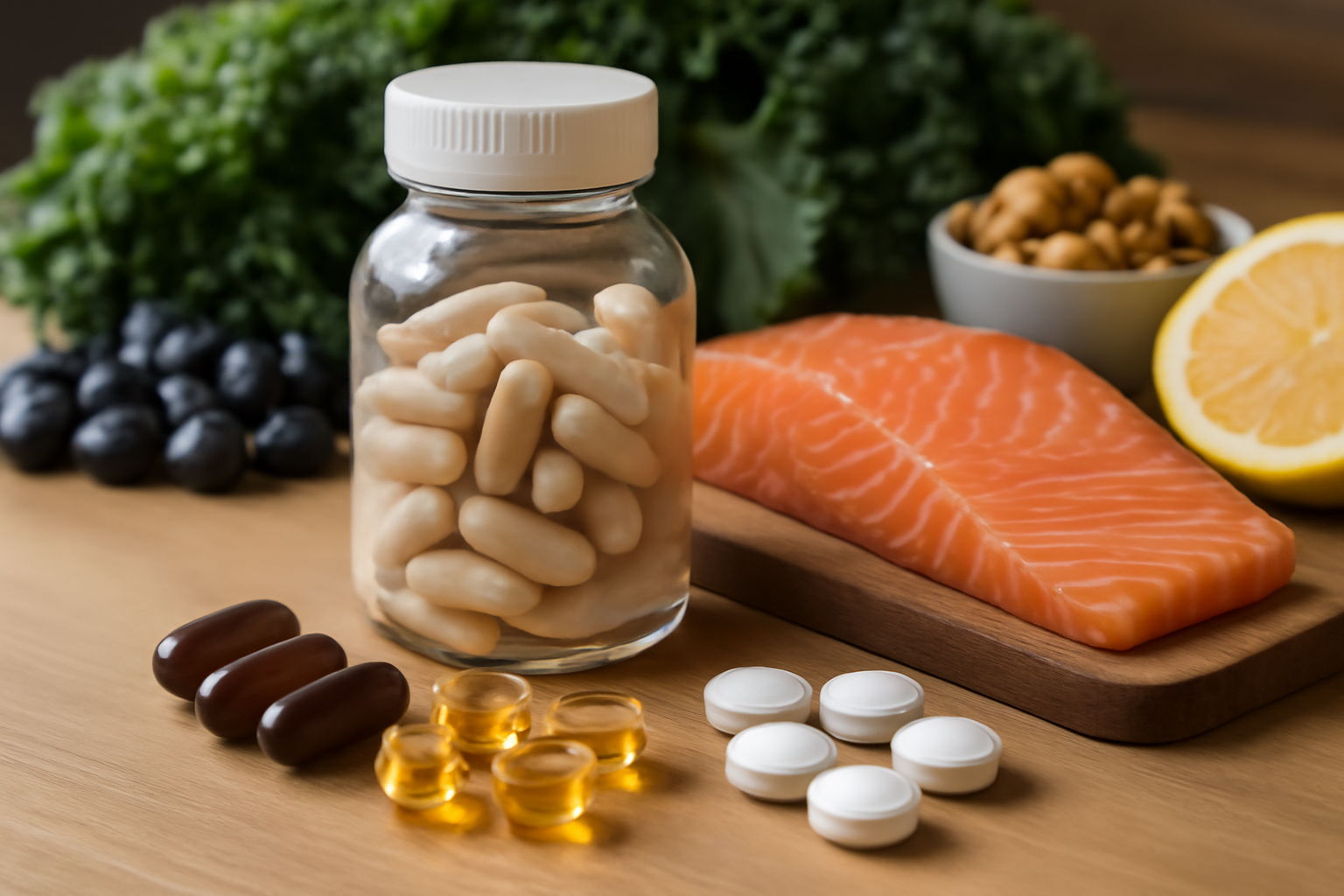 Bottles of vitamins labeled for focus and mental clarity, including supplements with ingredients like B vitamins, ginkgo biloba, and omega-3 capsules.