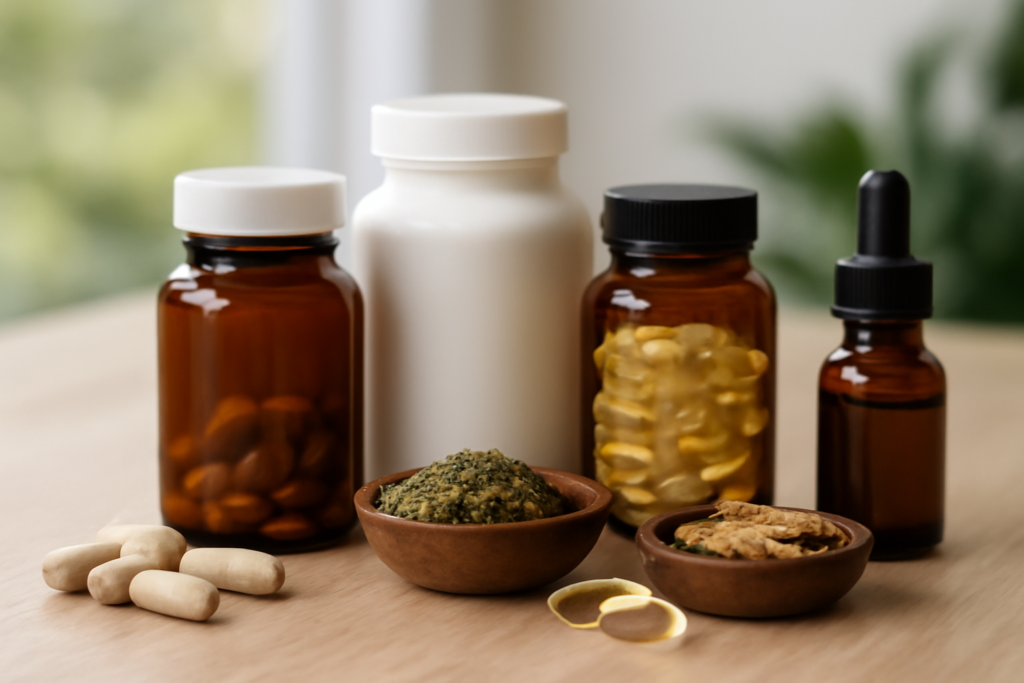 Bottles of top-rated supplements for mental alertness, including ginkgo biloba, omega-3, and L-theanine, arranged on a wooden table.
