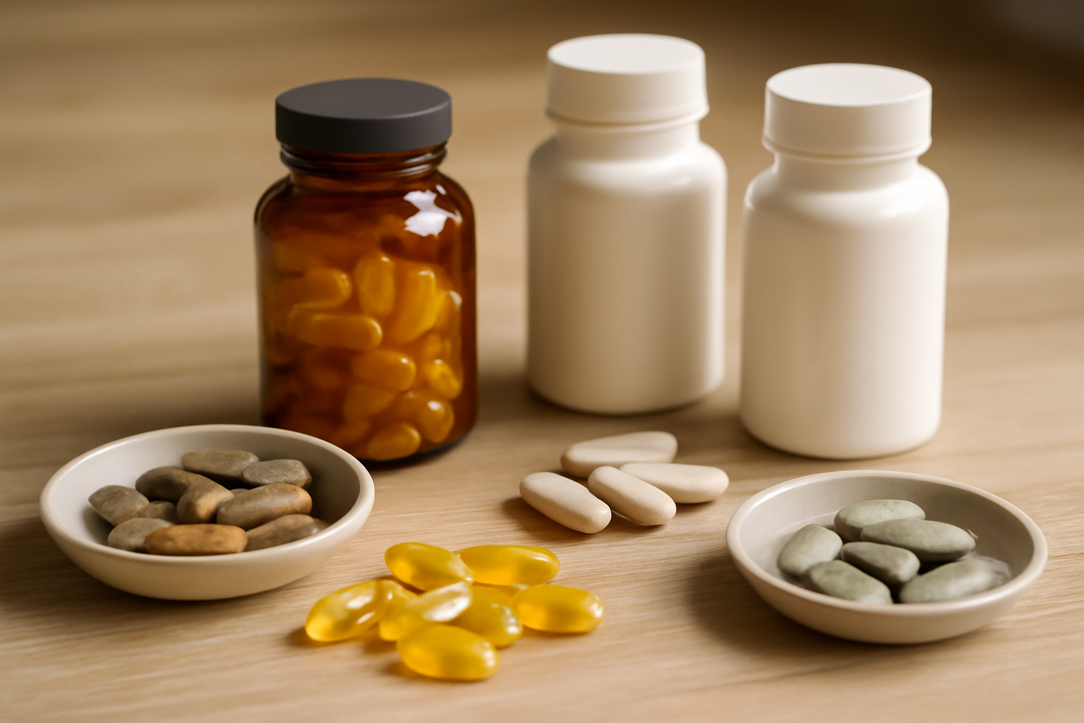 Bottles of top vitamins for focus and energy, including B vitamins, vitamin D, and magnesium, arranged on a table with fresh fruits and vegetables.