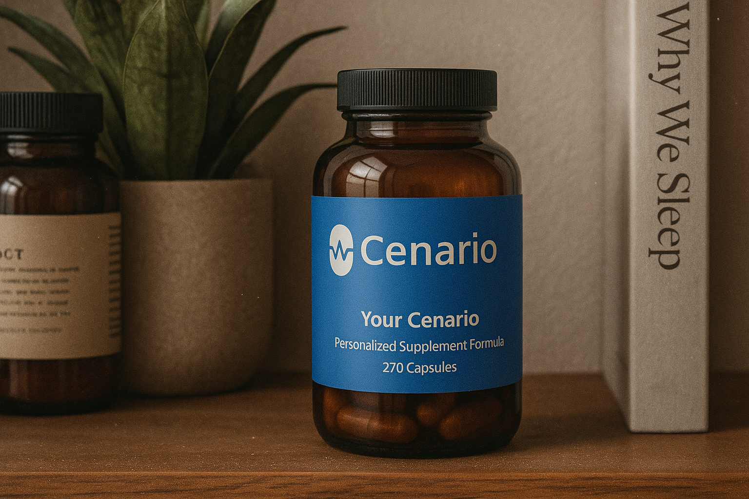 Bottles of natural supplements for deep sleep, including melatonin, magnesium, and valerian root, arranged on a bedside table with a sleep mask.