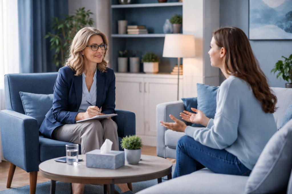 A qualified mental health professional sits in a calm office, attentively listening and taking notes during a confidential therapy session with a client.