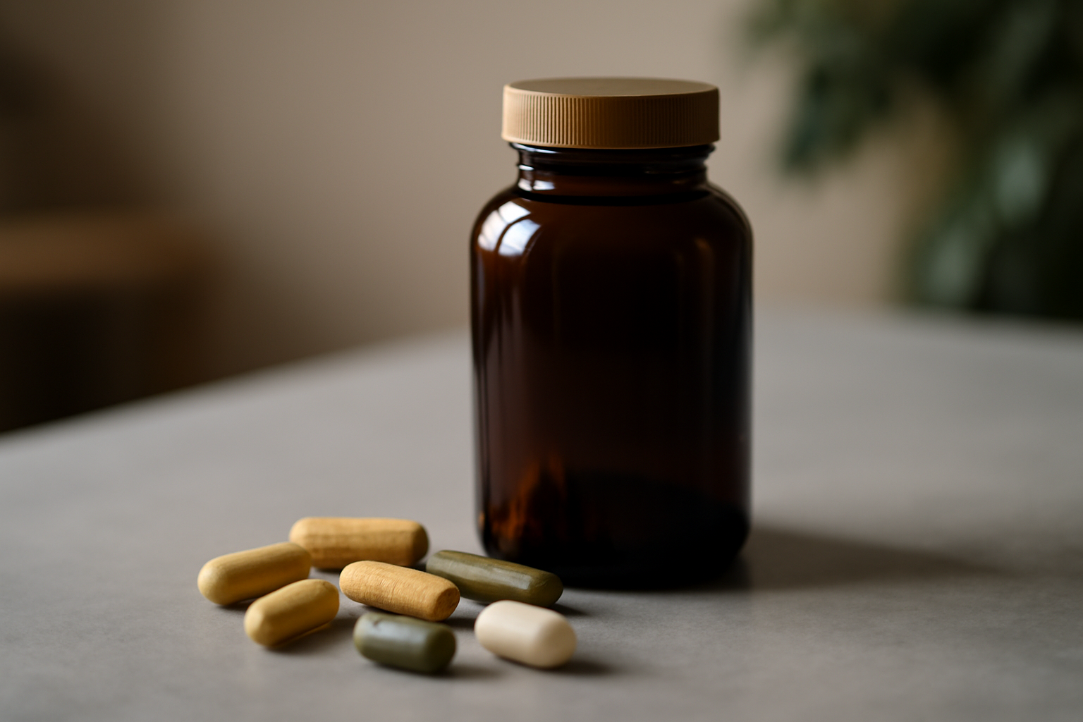 A selection of the best natural supplements for mental focus, including ginkgo biloba, omega-3, bacopa monnieri, and rhodiola rosea capsules on a table.