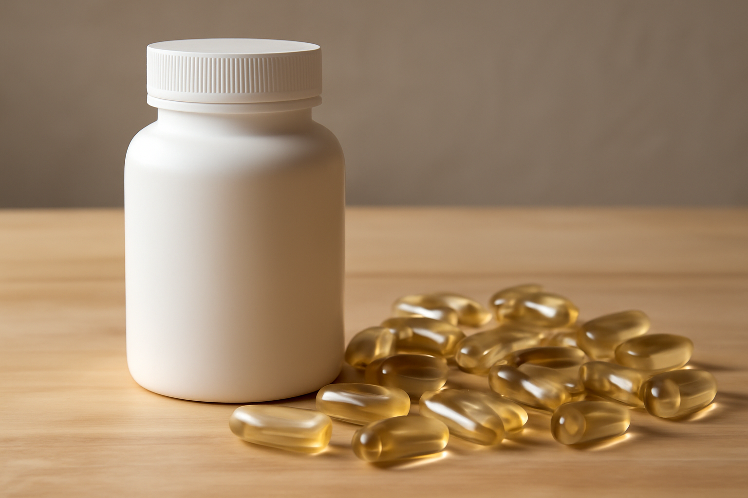 A selection of vitamins and supplements, including B vitamins and omega-3 capsules, arranged on a desk to support better focus and mental clarity.