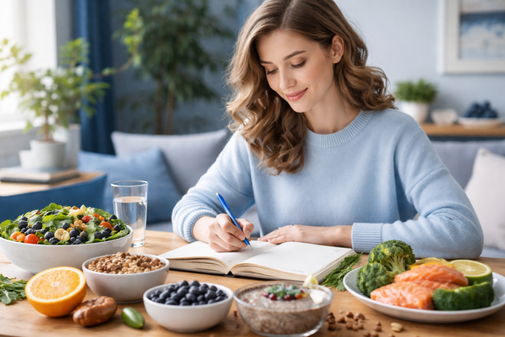 Bottles of vitamins for brain health in adults, including omega-3, B-complex, and vitamin D, arranged on a table with fresh fruits and nuts.