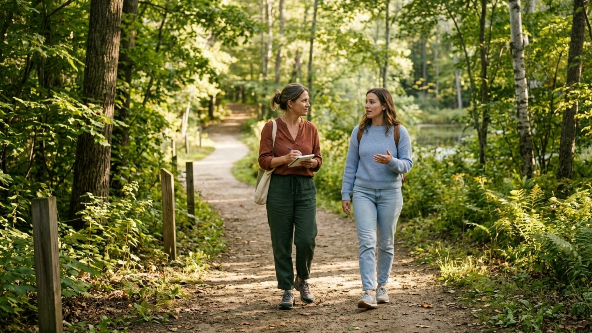 A therapist and client walk side by side outdoors on a park path, engaging in conversation as part of walk and talk therapy for mental health support.