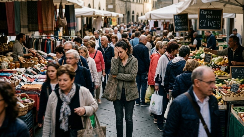 Illustration showing a person experiencing agoraphobia, feeling anxious and overwhelmed in a crowded public space, seeking comfort near an exit.