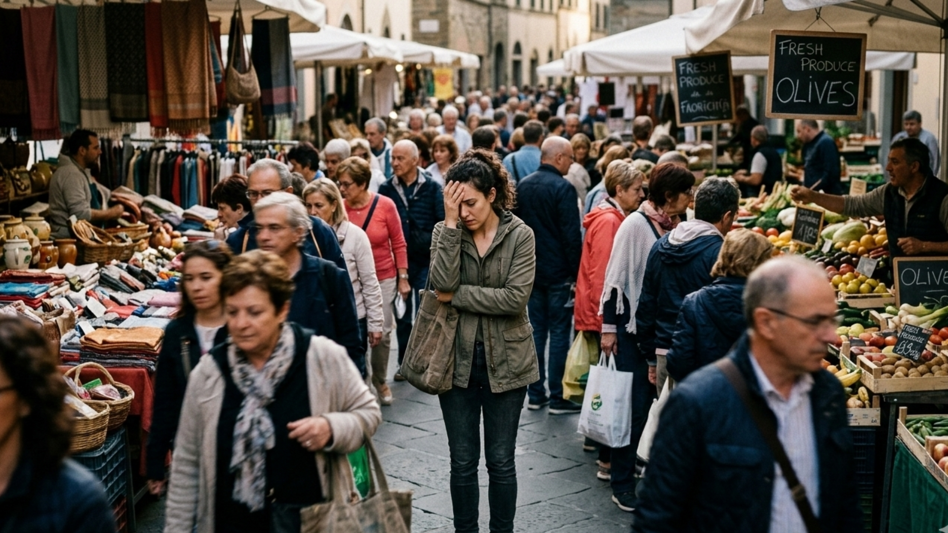 Illustration showing a person experiencing agoraphobia, feeling anxious and overwhelmed in a crowded public space, seeking comfort near an exit.