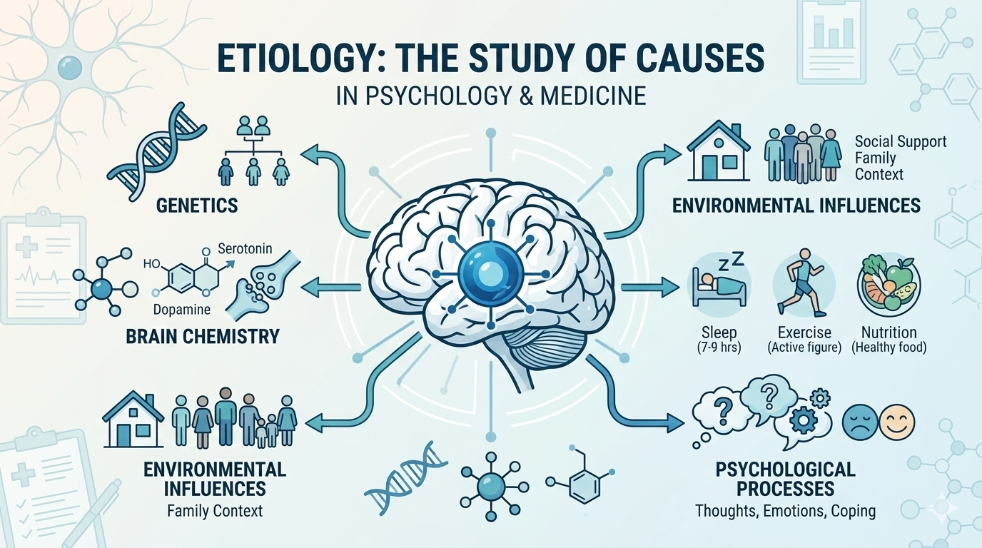 Etiology refers to the study of the causes or origins of diseases, identifying factors responsible for the development of specific medical conditions.