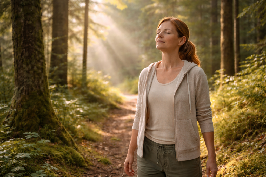 A person practices forest bathing therapy by slowly walking through a lush green forest, engaging their senses to connect with nature and reduce stress.