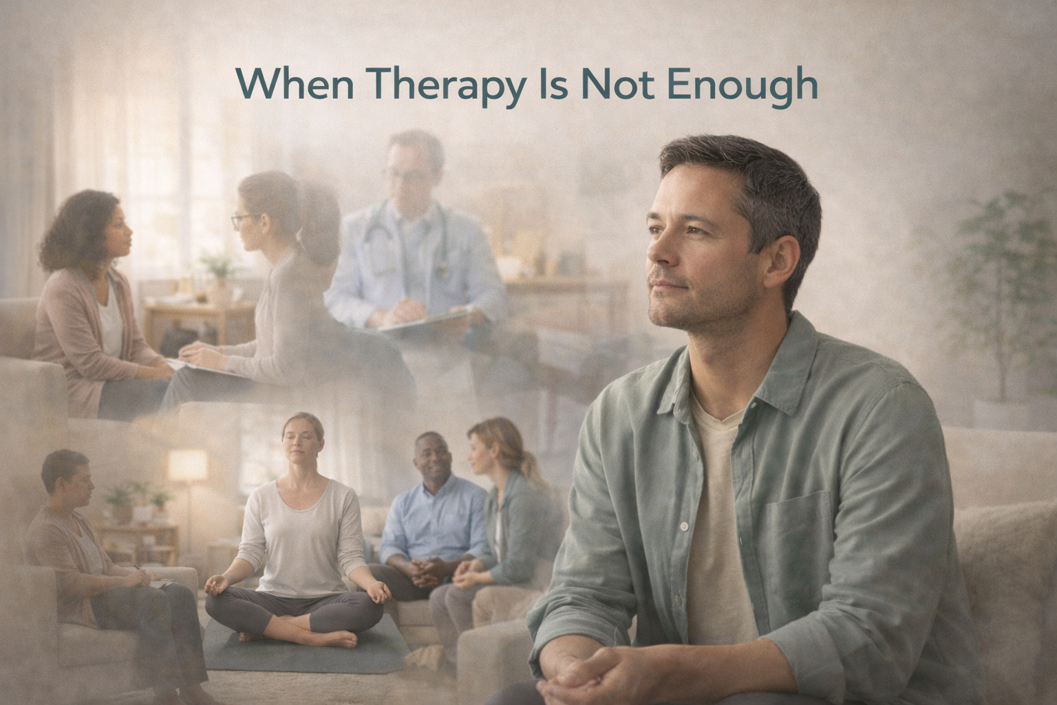 A person sits alone on a couch, looking distressed, with therapy notes beside them, symbolizing when therapy alone does not fully address their struggles.