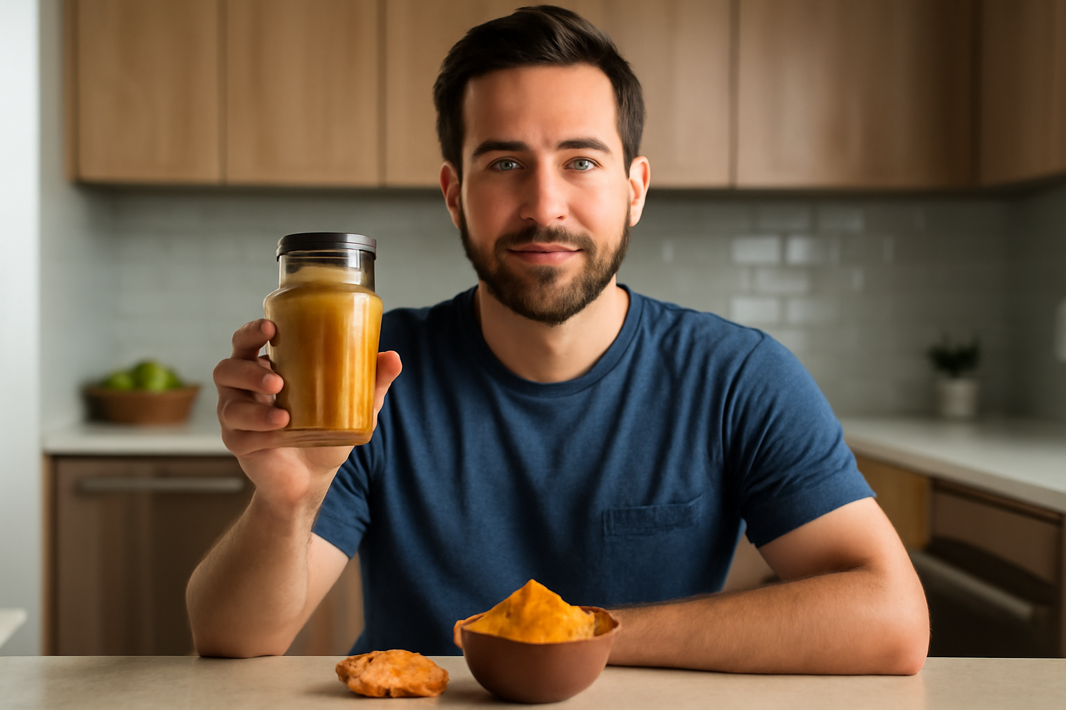 Man holding jar of turmeric powder with bowl and turmeric root on table