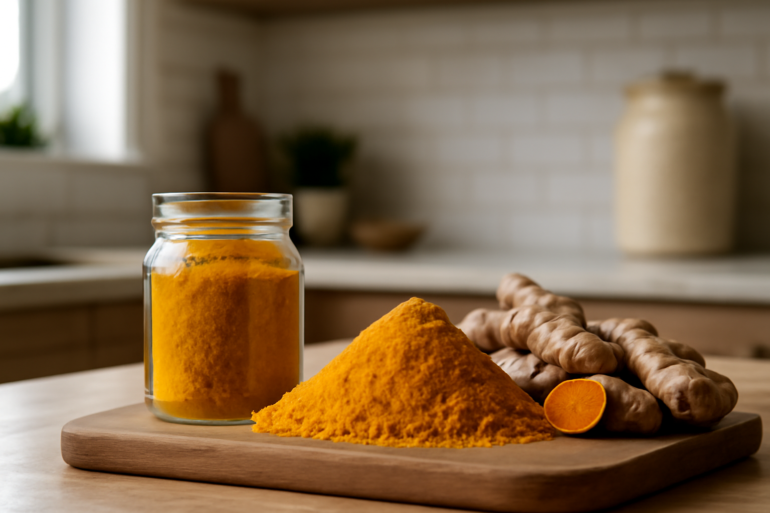 Ground turmeric powder and fresh turmeric roots on wooden board