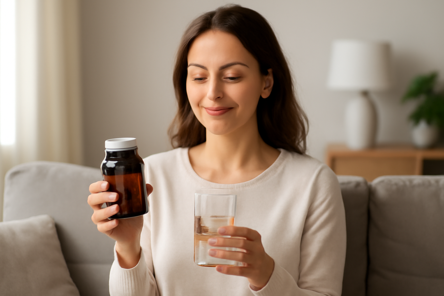 Woman holding supplement bottle and glass of water indoors