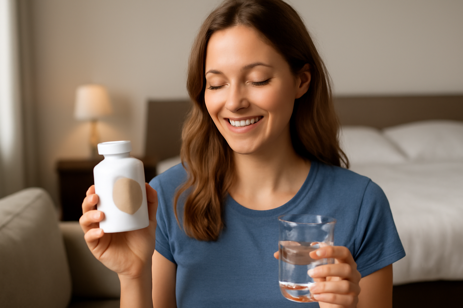 Smiling woman holding supplement bottle and glass of water
