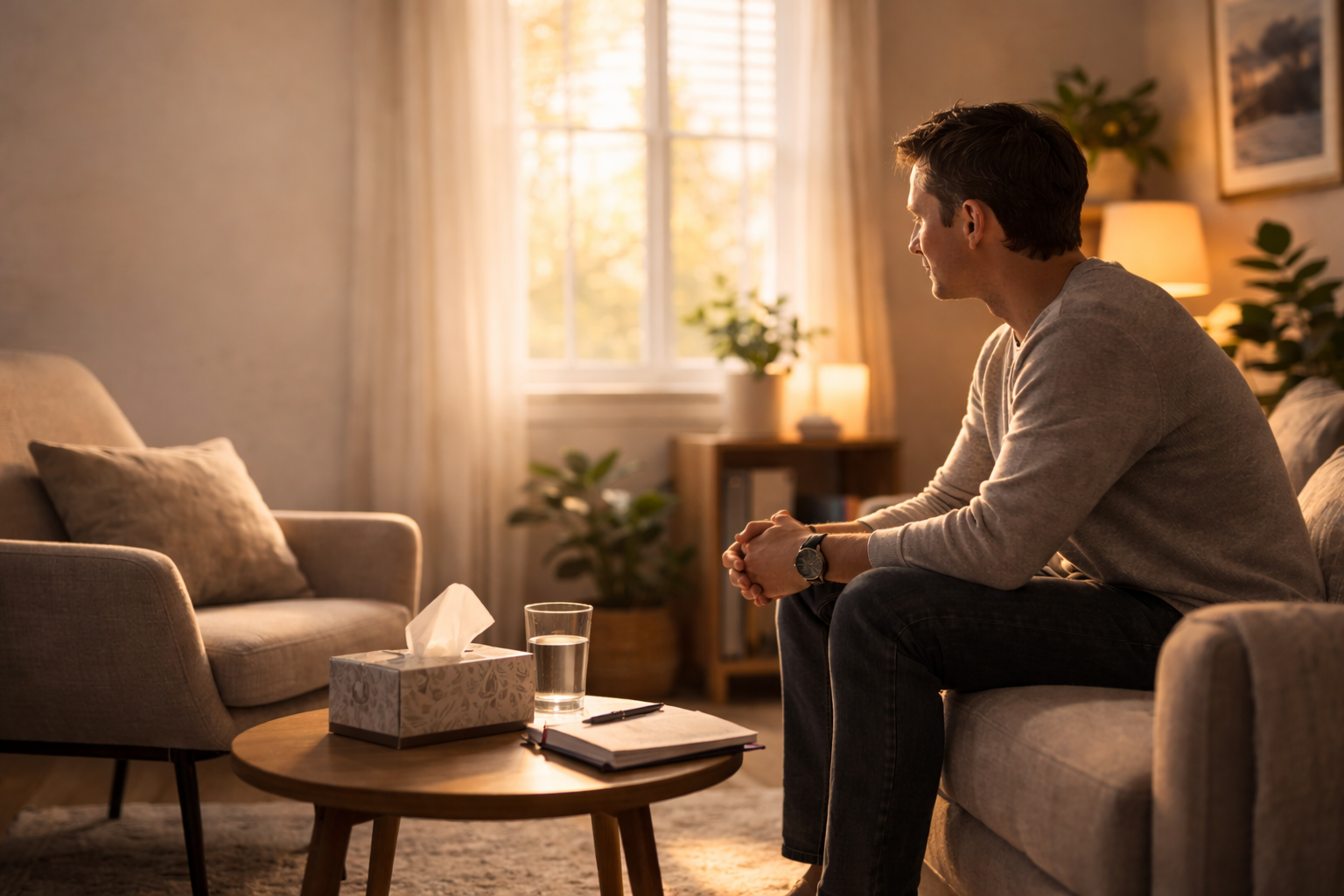 A person sits quietly after a therapy session, appearing thoughtful and emotionally drained, reflecting on why they might feel worse after therapy.