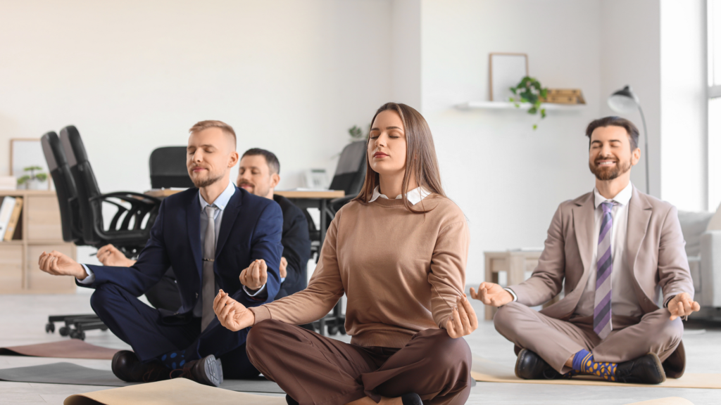 Employees participating in workplace wellness challenges, tracking steps and engaging in group fitness activities to promote health and team building.