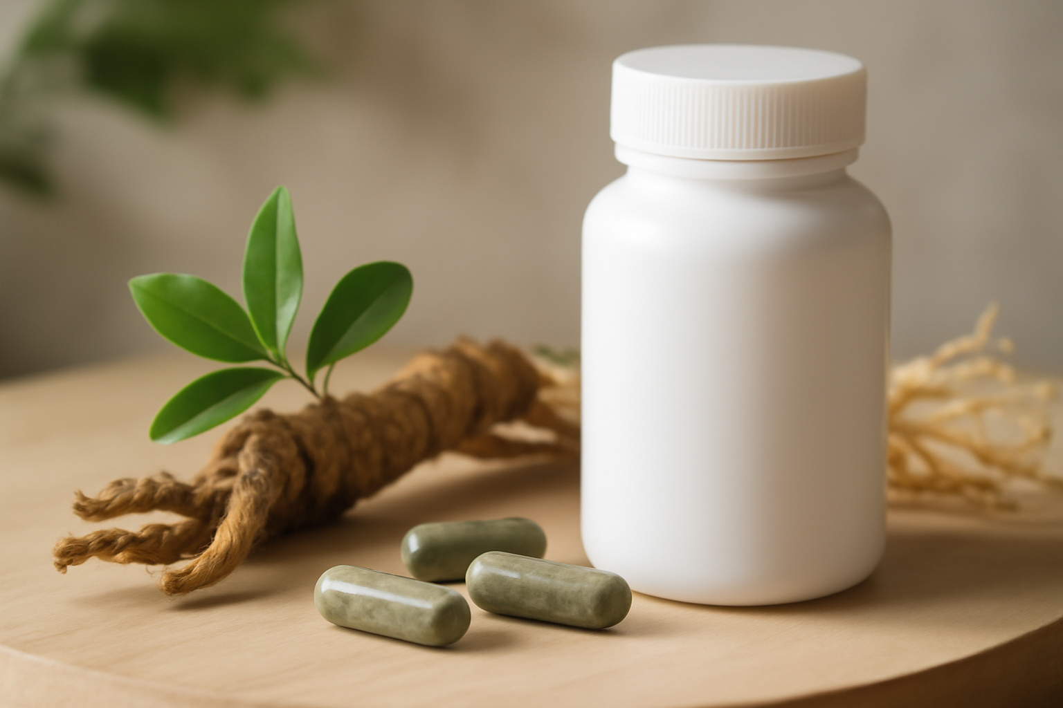White supplement bottle with green capsules and plant root