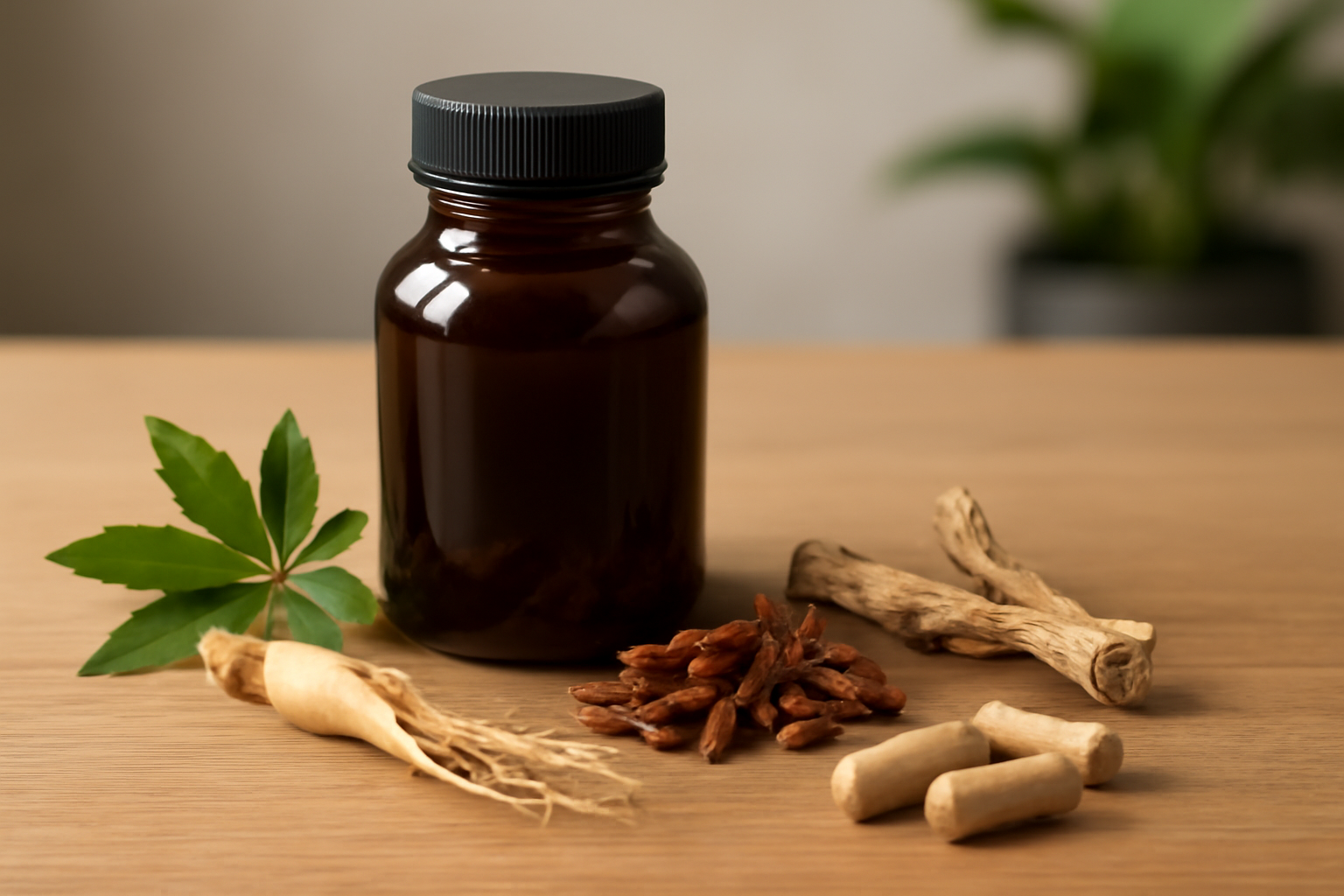 Brown supplement bottle with adaptogen herbs and capsules on table