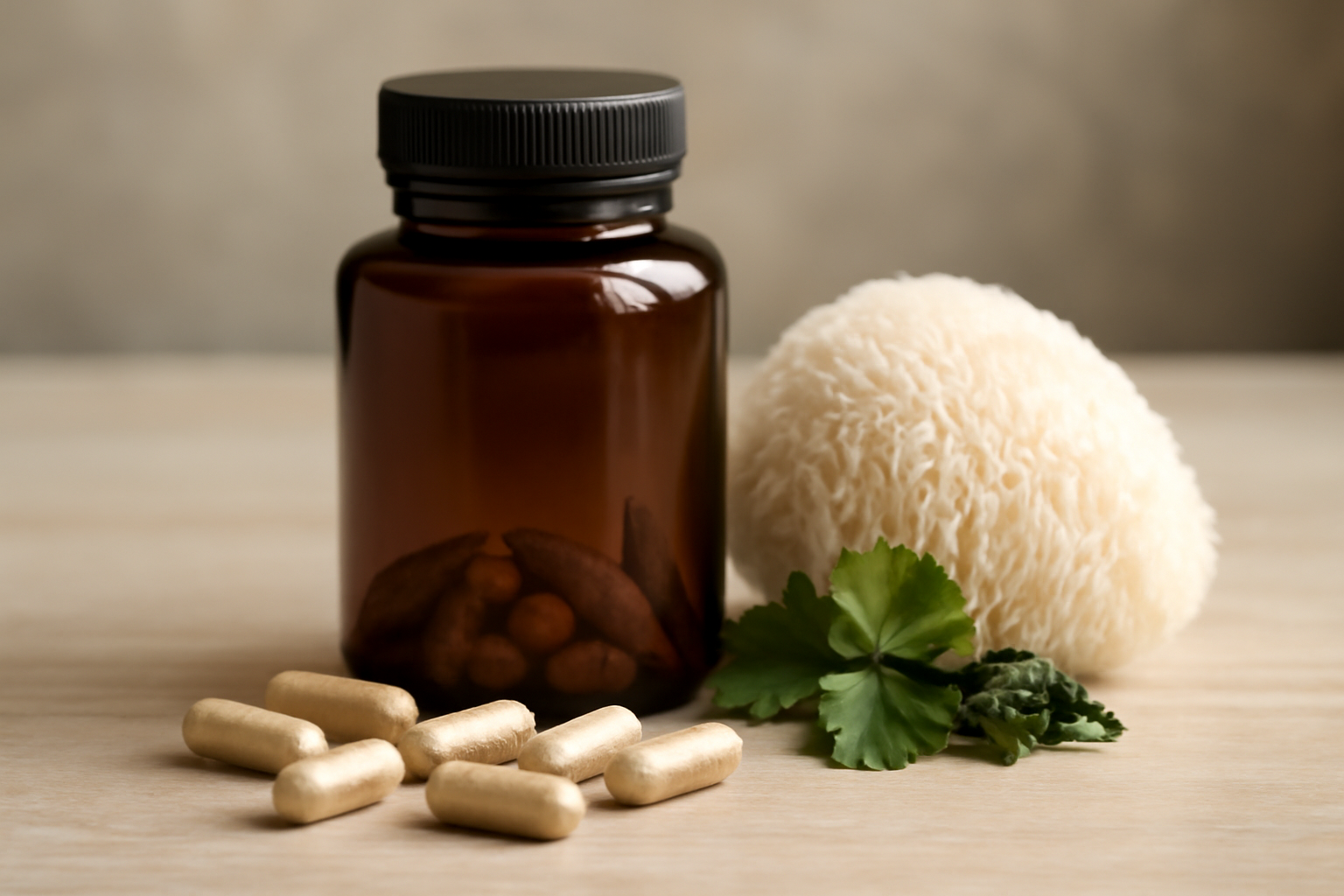 Brown supplement bottle with capsules, mushrooms, and green leaves