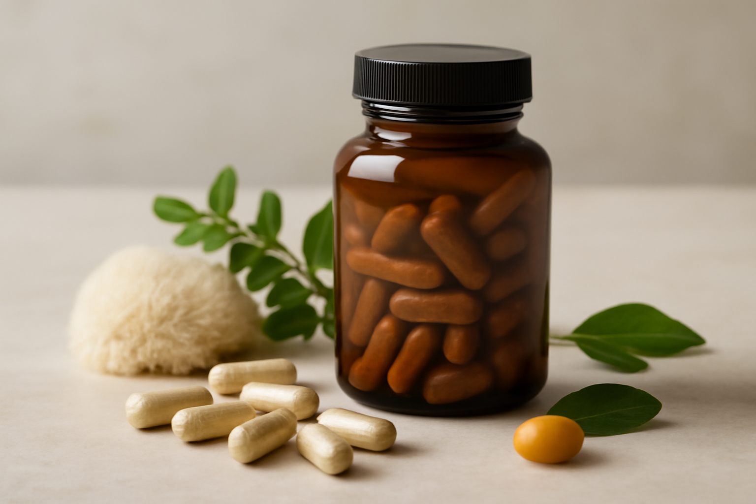 Brown supplement bottle with capsules and green leaves