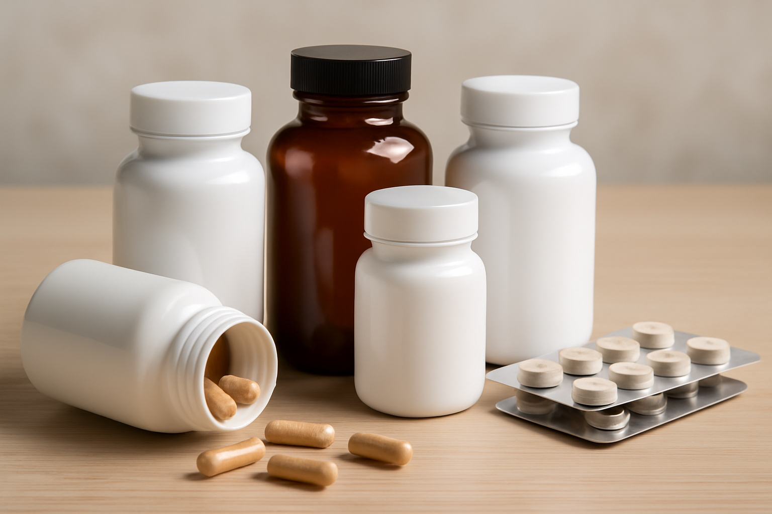 Supplement bottles and blister packs with capsules and tablets
