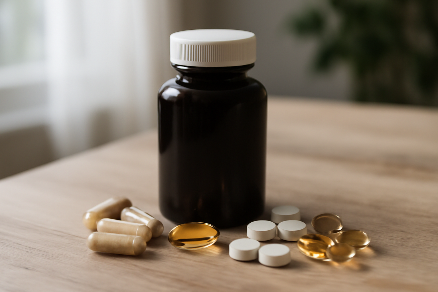 Dark supplement bottle with capsules and tablets on wooden surface
