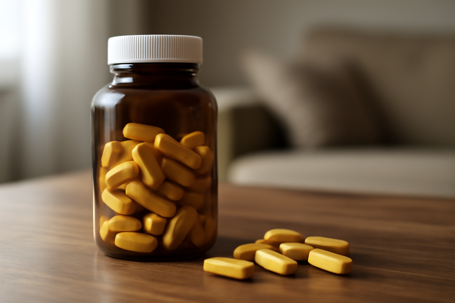 Brown bottle filled with yellow memory vitamin pills