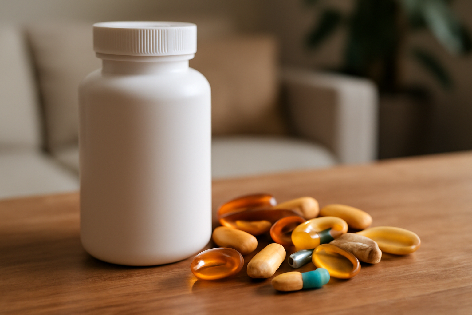 White bottle with various multivitamin capsules on wooden table
