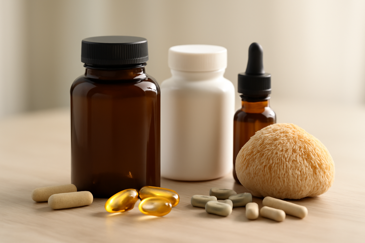 Bottles, capsules, softgels, and a lion's mane mushroom