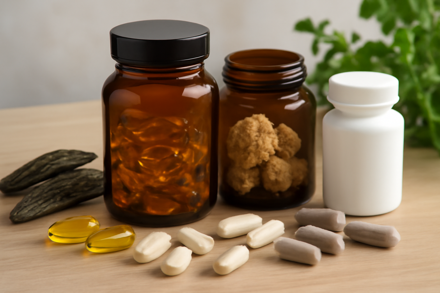 Various supplement capsules and bottles on a wooden surface