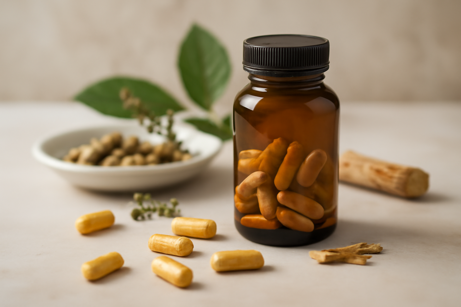 Amber bottle with turmeric capsules and herbal ingredients